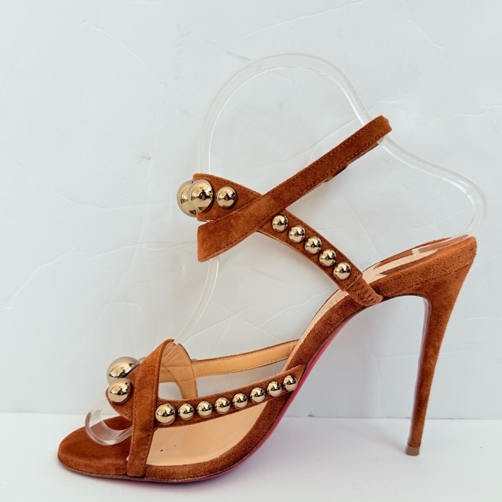 Christian Louboutin Galeria 100mm Cognac Suede studded Heels Sandals EU 37 - Picture 6 of 14